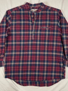 Lee Valley Flannel Grandfather Shirt Mens XL Red Blue Plaid Band Collar Ireland